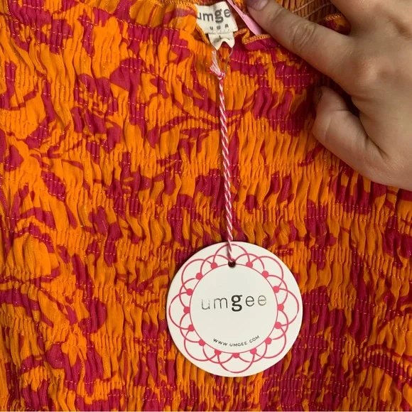 NWT Umgee Vibrant Orange and Pink Floral Smocked Tiered Dress, size L - Picture 3 of 10
